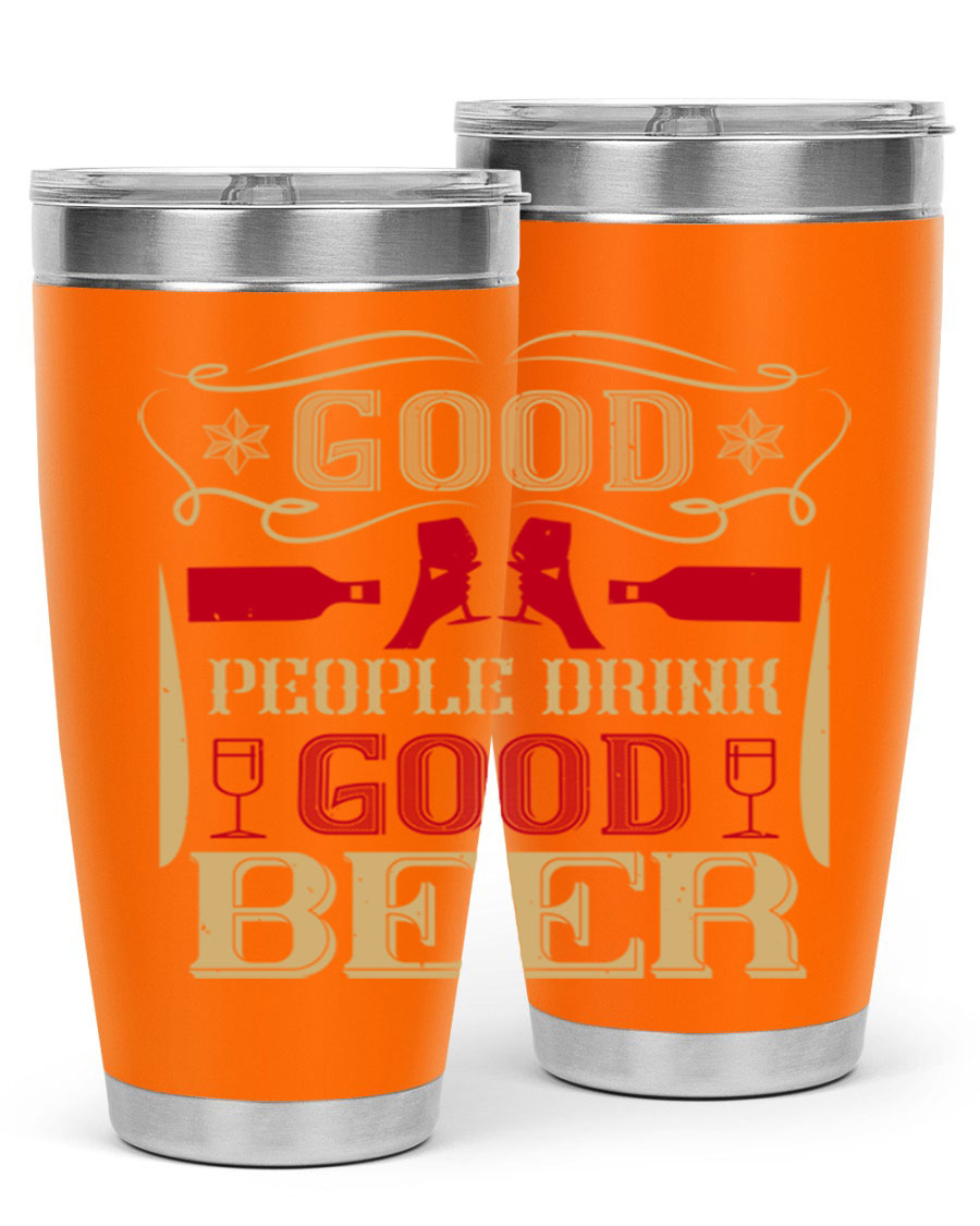 Good People Drink Good Beer 20oz Tumbler in stainless steel with a drink-thru lid, showcasing its sleek design and durability.