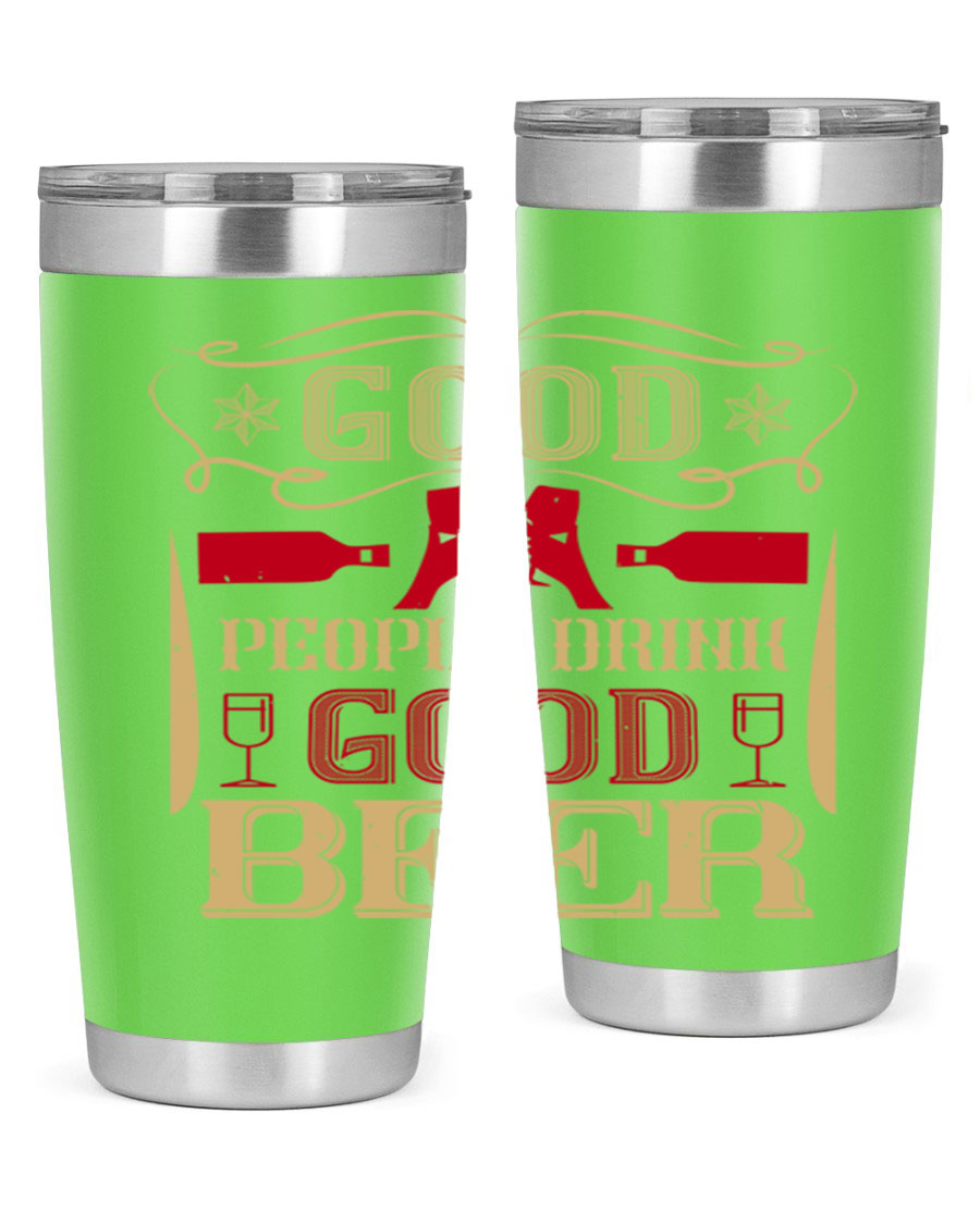 Good People Drink Good Beer 20oz Tumbler in stainless steel with a drink-thru lid, showcasing its sleek design and durability.