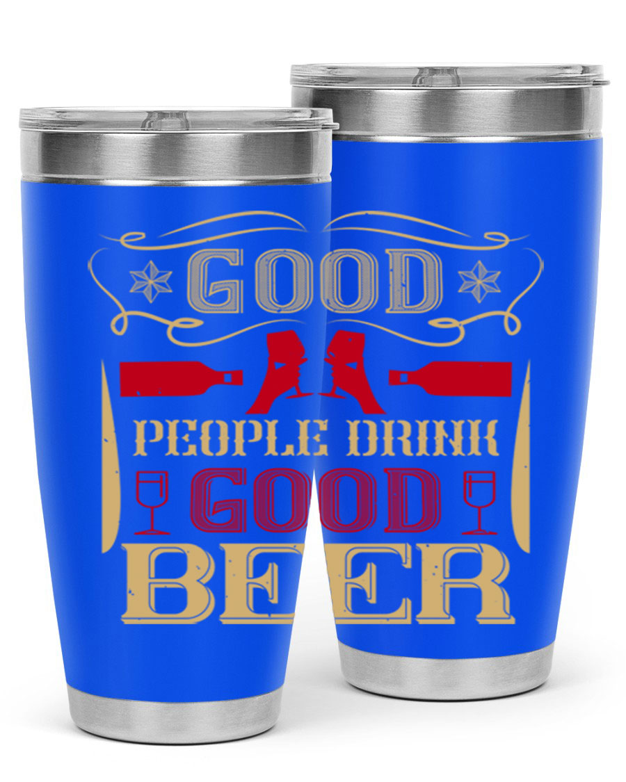 Good People Drink Good Beer 20oz Tumbler in stainless steel with a drink-thru lid, showcasing its sleek design and durability.