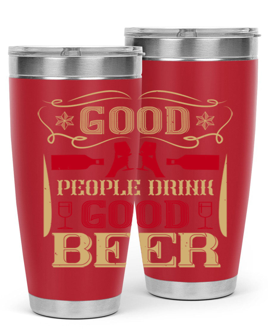 Good People Drink Good Beer 20oz Tumbler in stainless steel with a drink-thru lid, showcasing its sleek design and durability.