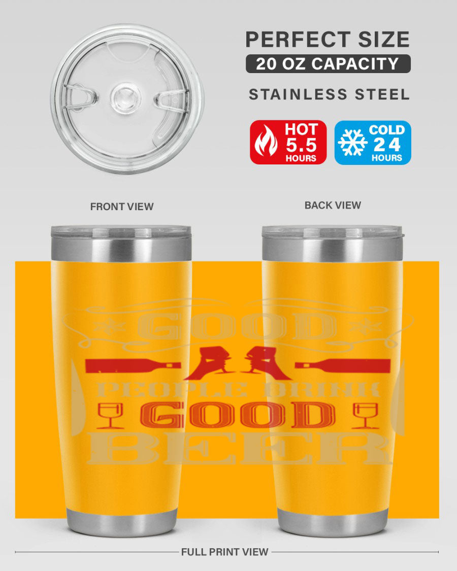 Good People Drink Good Beer 20oz Tumbler in stainless steel with a drink-thru lid, showcasing its sleek design and durability.