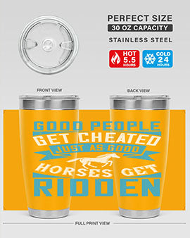 Good People Get Cheated tumbler in stainless steel with a stylish design, perfect for hot and cold beverages.