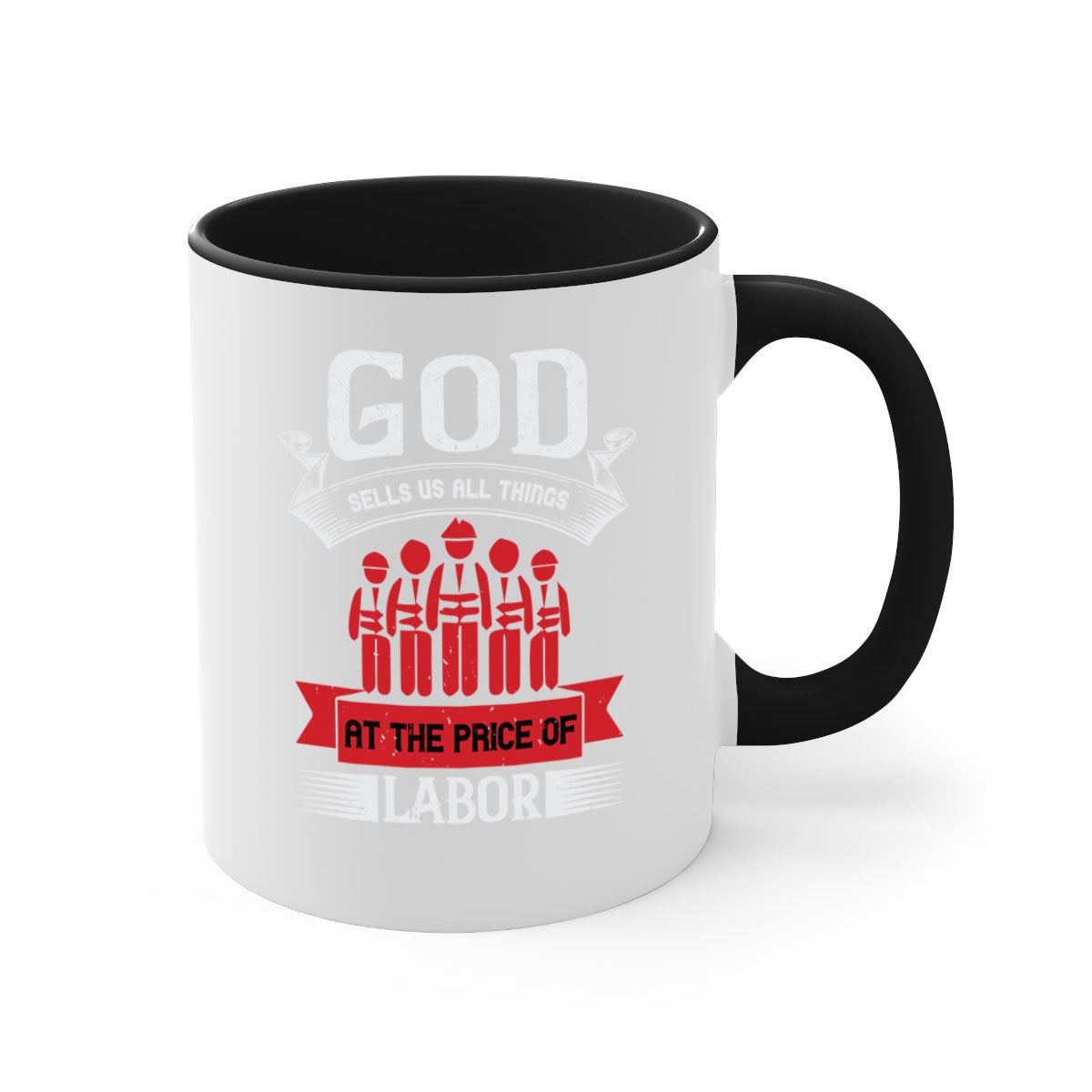 Two-tone God Sells Us All Things Mug with colored handle and glossy finish, available in multiple colors and sizes.