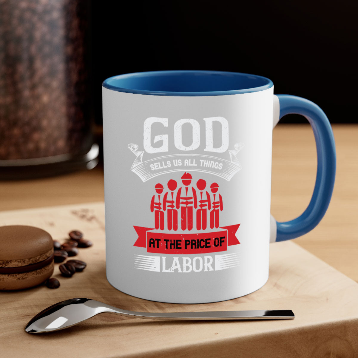 Two-tone God Sells Us All Things Mug with colored handle and glossy finish, available in multiple colors and sizes.