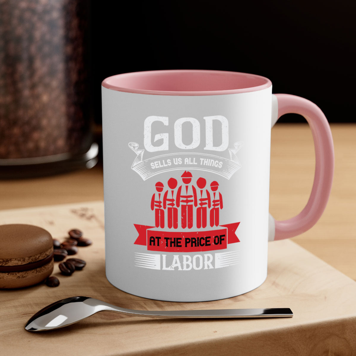 Two-tone God Sells Us All Things Mug with colored handle and glossy finish, available in multiple colors and sizes.