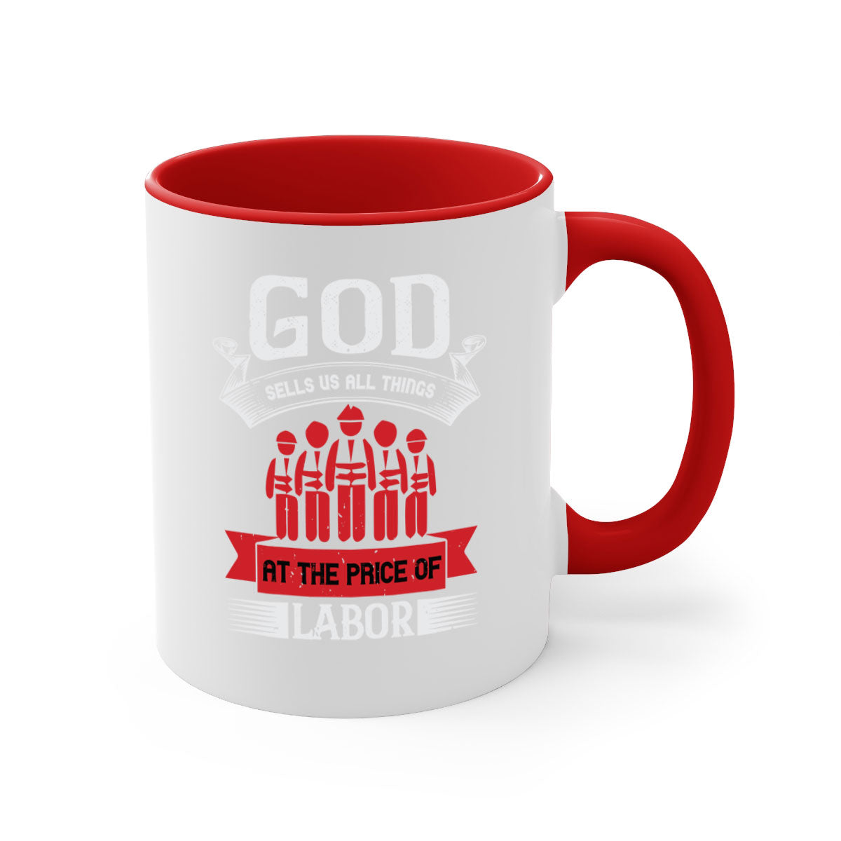 Two-tone God Sells Us All Things Mug with colored handle and glossy finish, available in multiple colors and sizes.