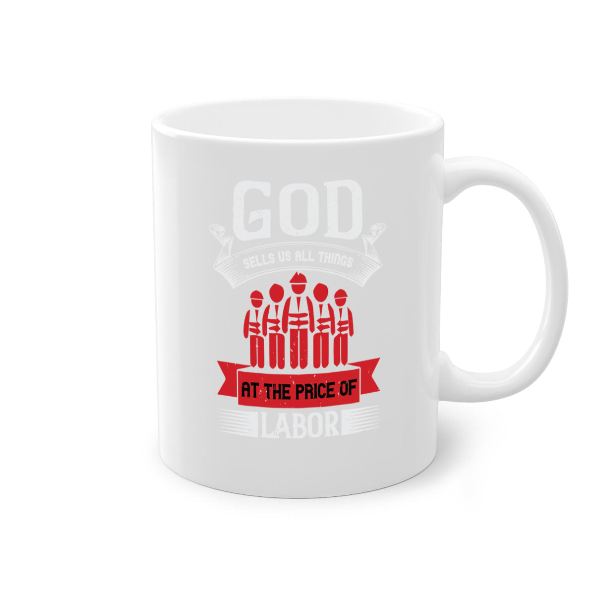 Two-tone God Sells Us All Things Mug with colored handle and glossy finish, available in multiple colors and sizes.
