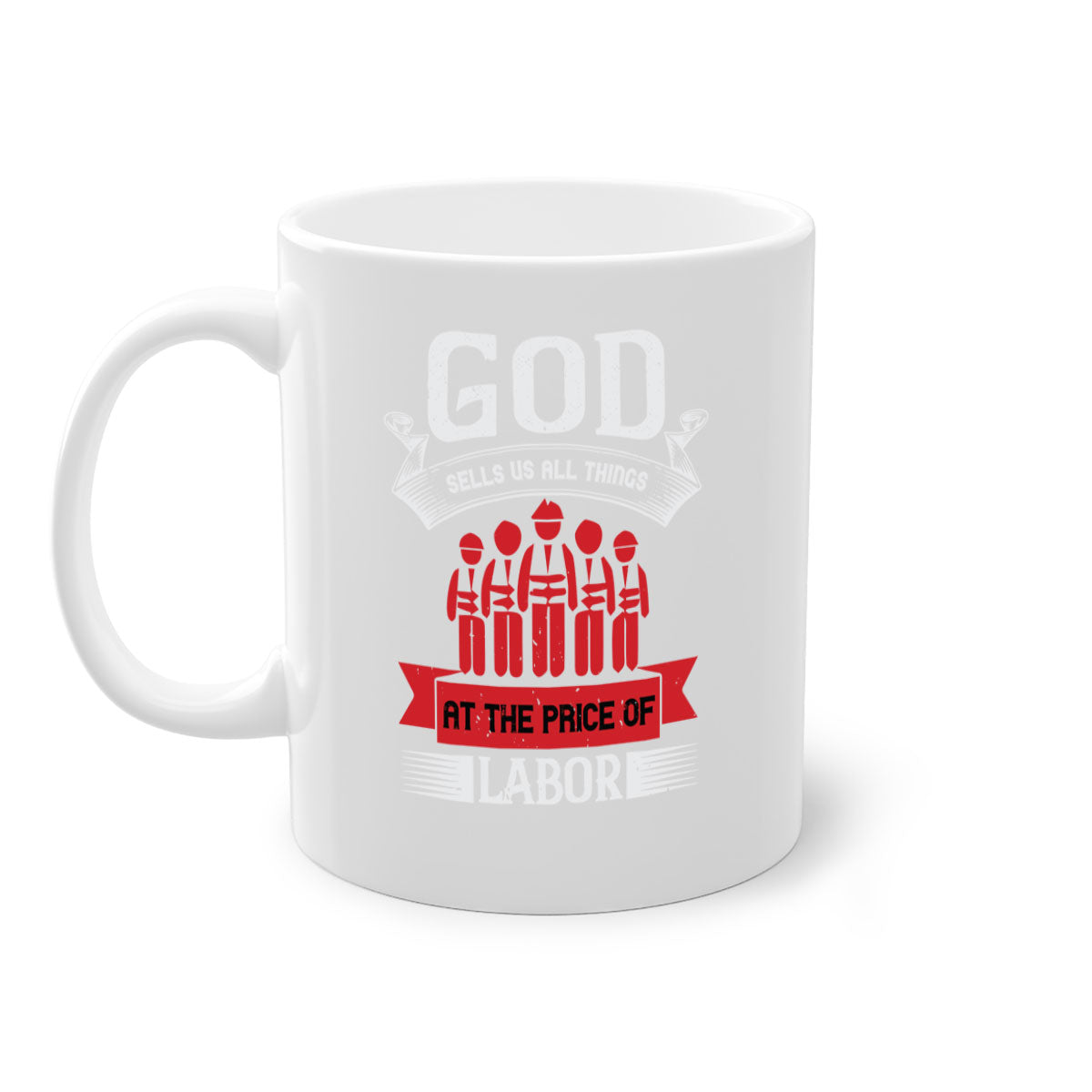 Two-tone God Sells Us All Things Mug with colored handle and glossy finish, available in multiple colors and sizes.