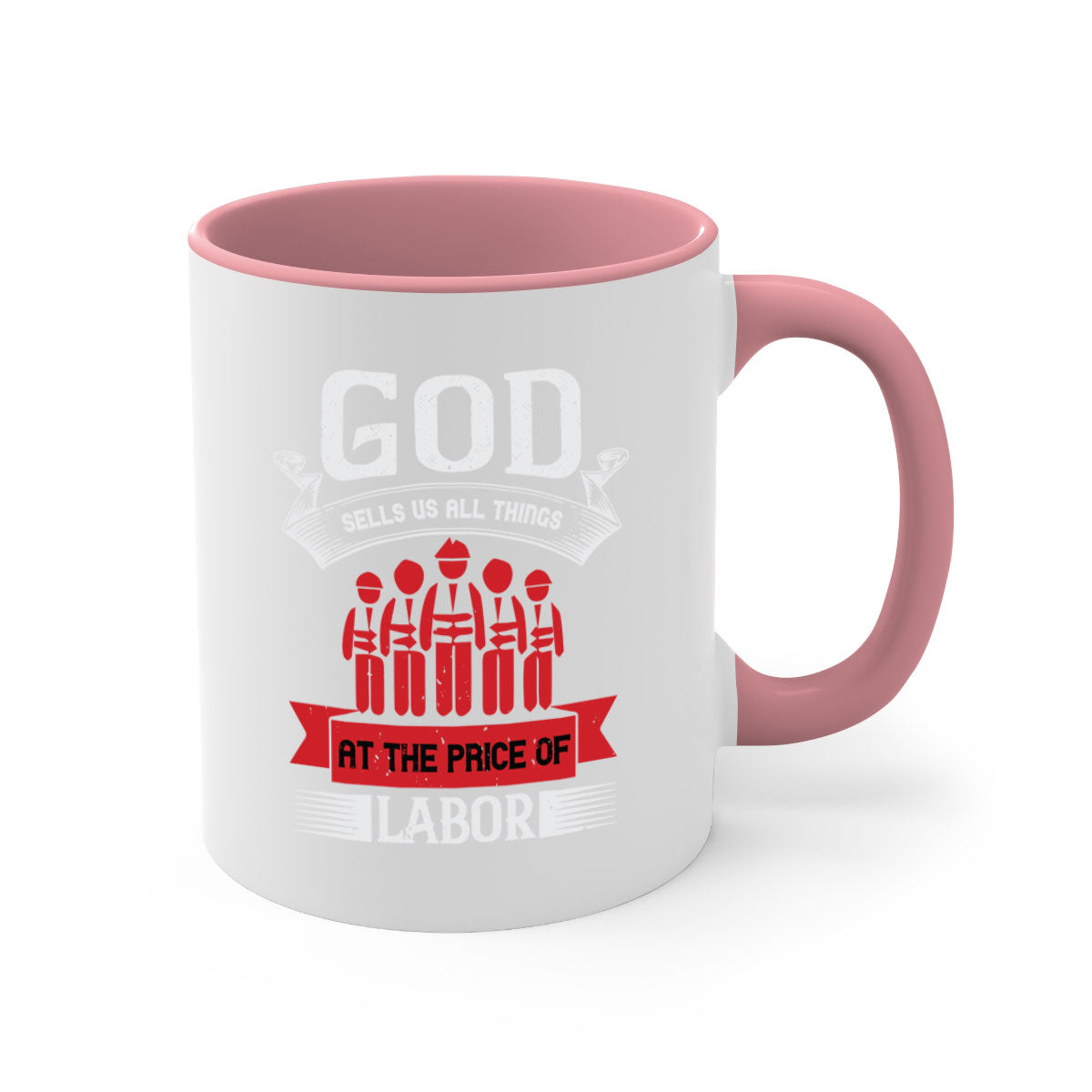 Two-tone God Sells Us All Things Mug with colored handle and glossy finish, available in multiple colors and sizes.