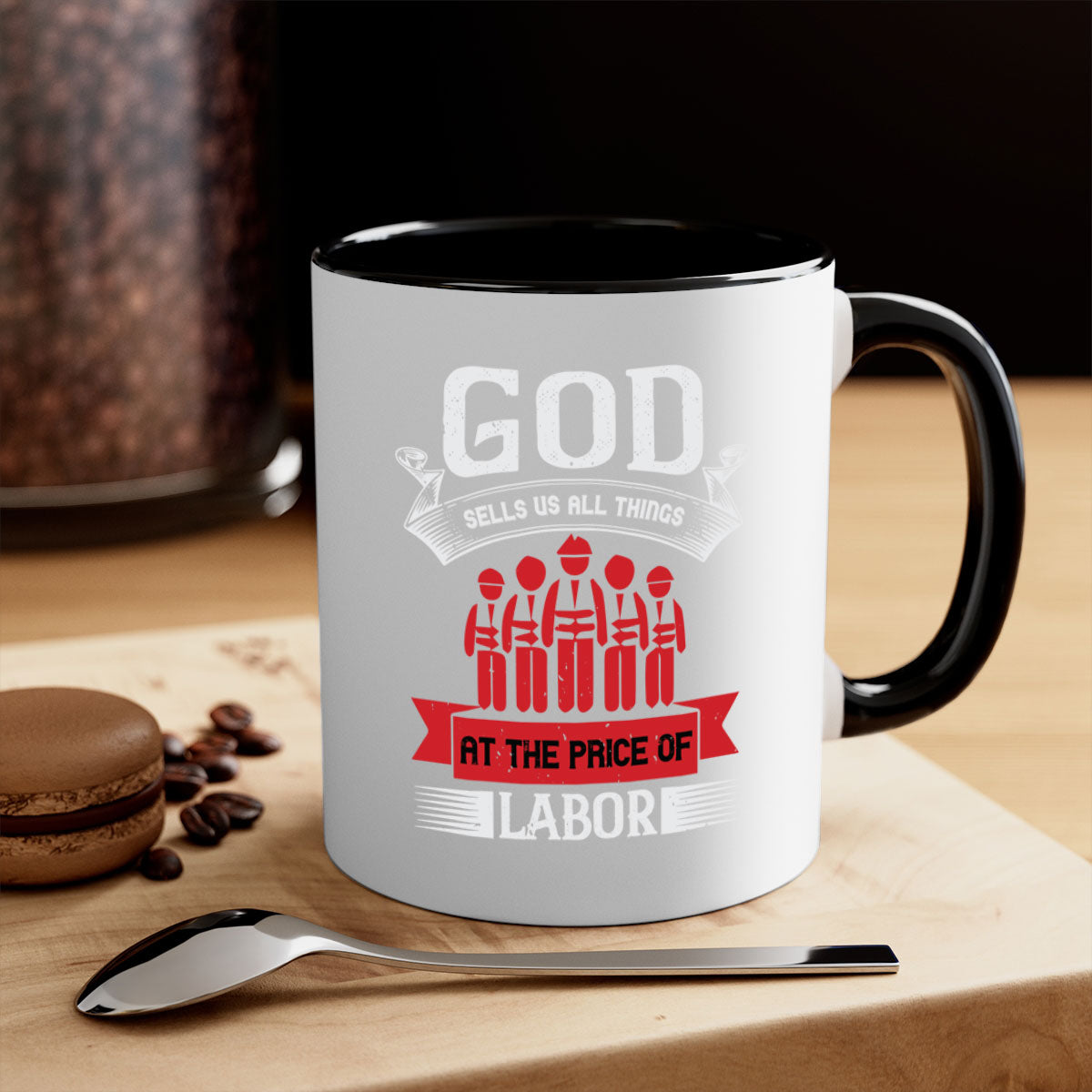 Two-tone God Sells Us All Things Mug with colored handle and glossy finish, available in multiple colors and sizes.