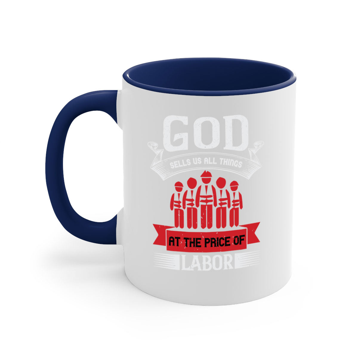 Two-tone God Sells Us All Things Mug with colored handle and glossy finish, available in multiple colors and sizes.