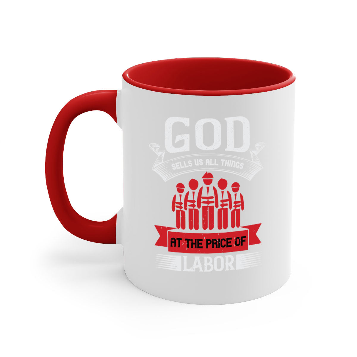 Two-tone God Sells Us All Things Mug with colored handle and glossy finish, available in multiple colors and sizes.