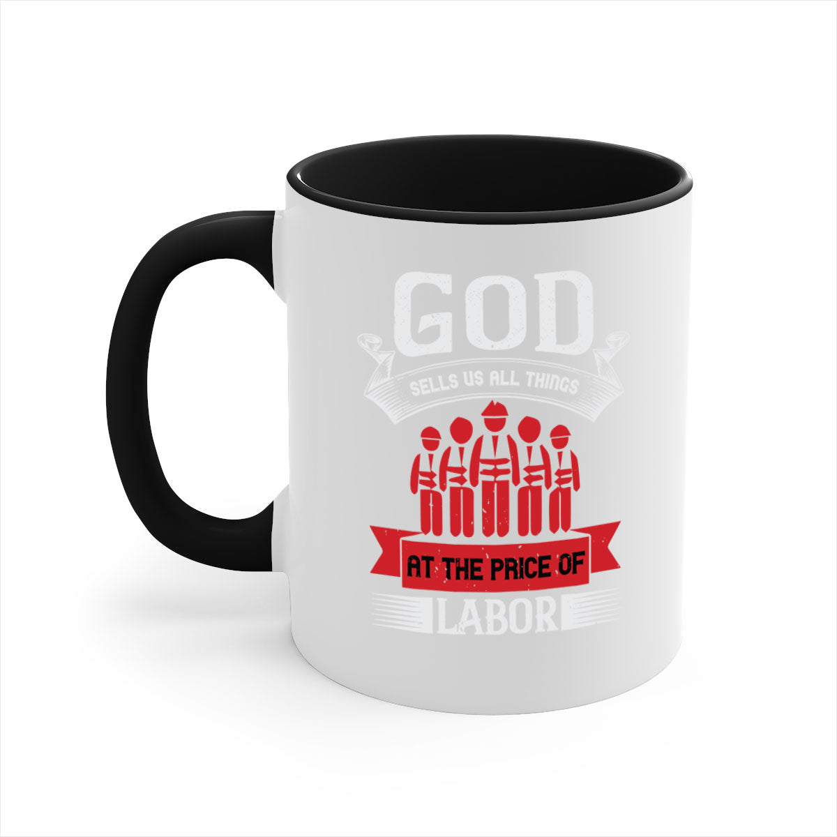 Two-tone God Sells Us All Things Mug with colored handle and glossy finish, available in multiple colors and sizes.