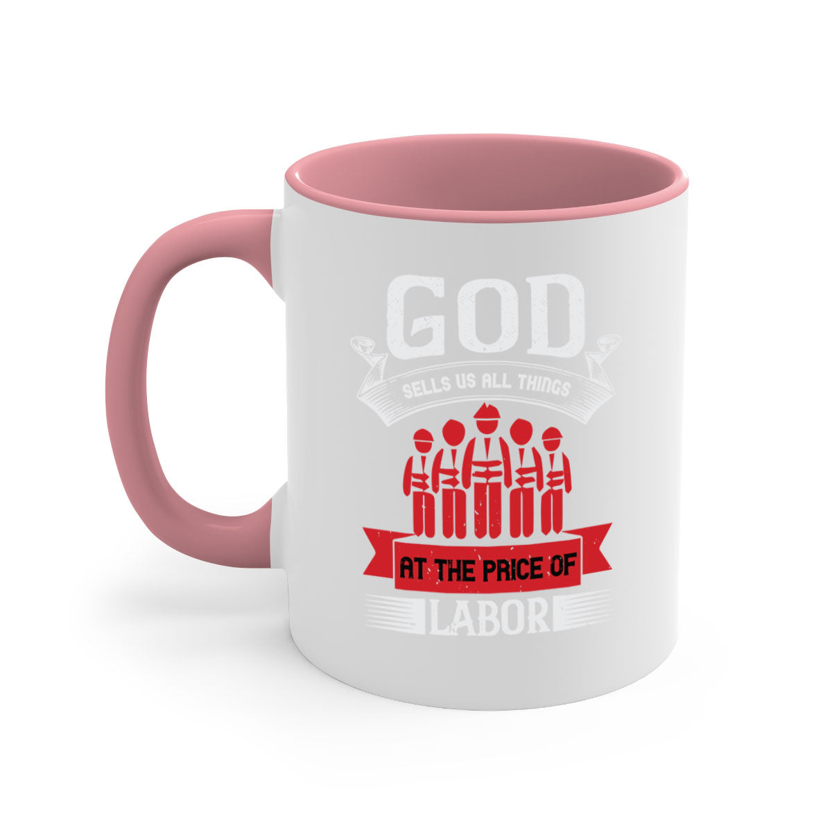Two-tone God Sells Us All Things Mug with colored handle and glossy finish, available in multiple colors and sizes.