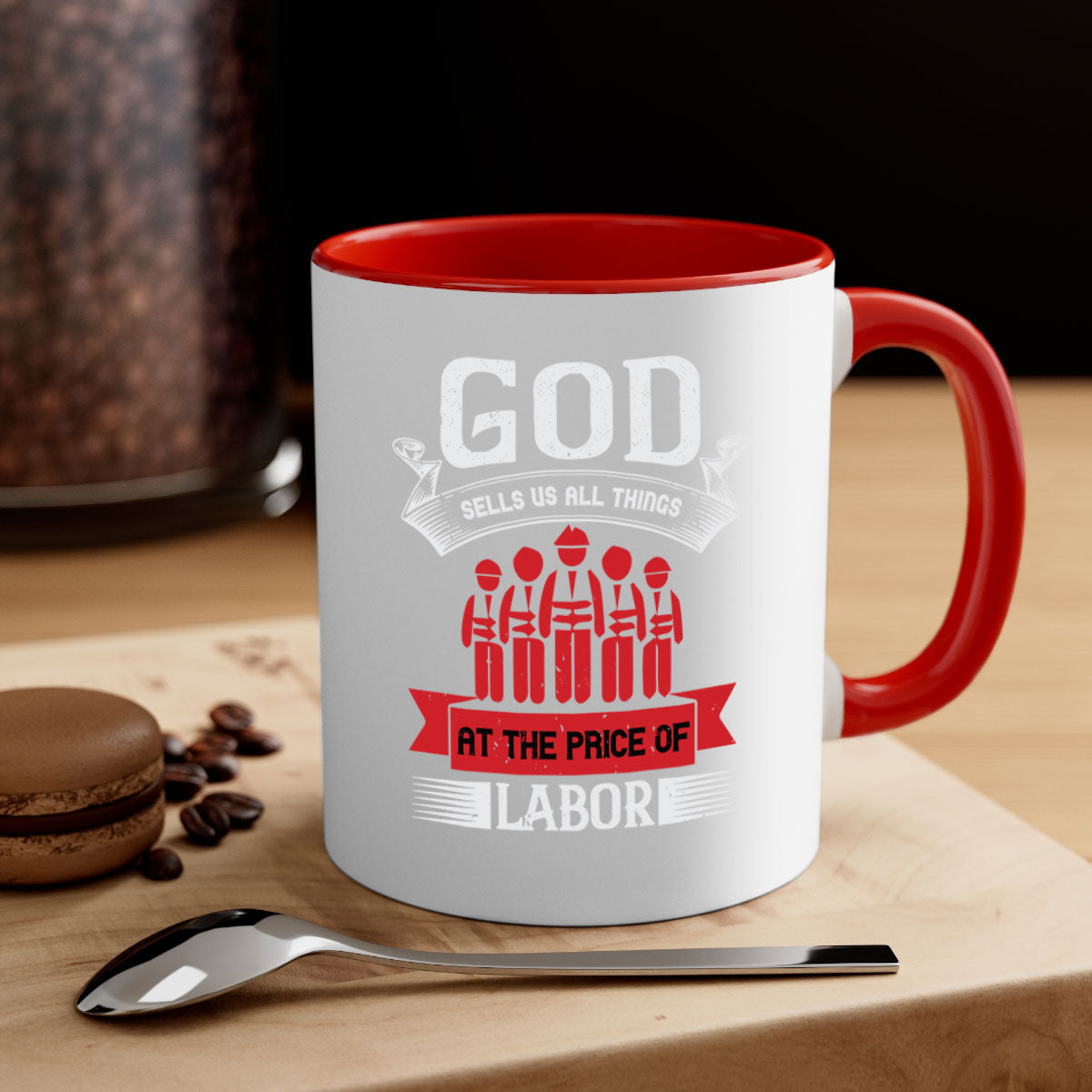 Two-tone God Sells Us All Things Mug with colored handle and glossy finish, available in multiple colors and sizes.