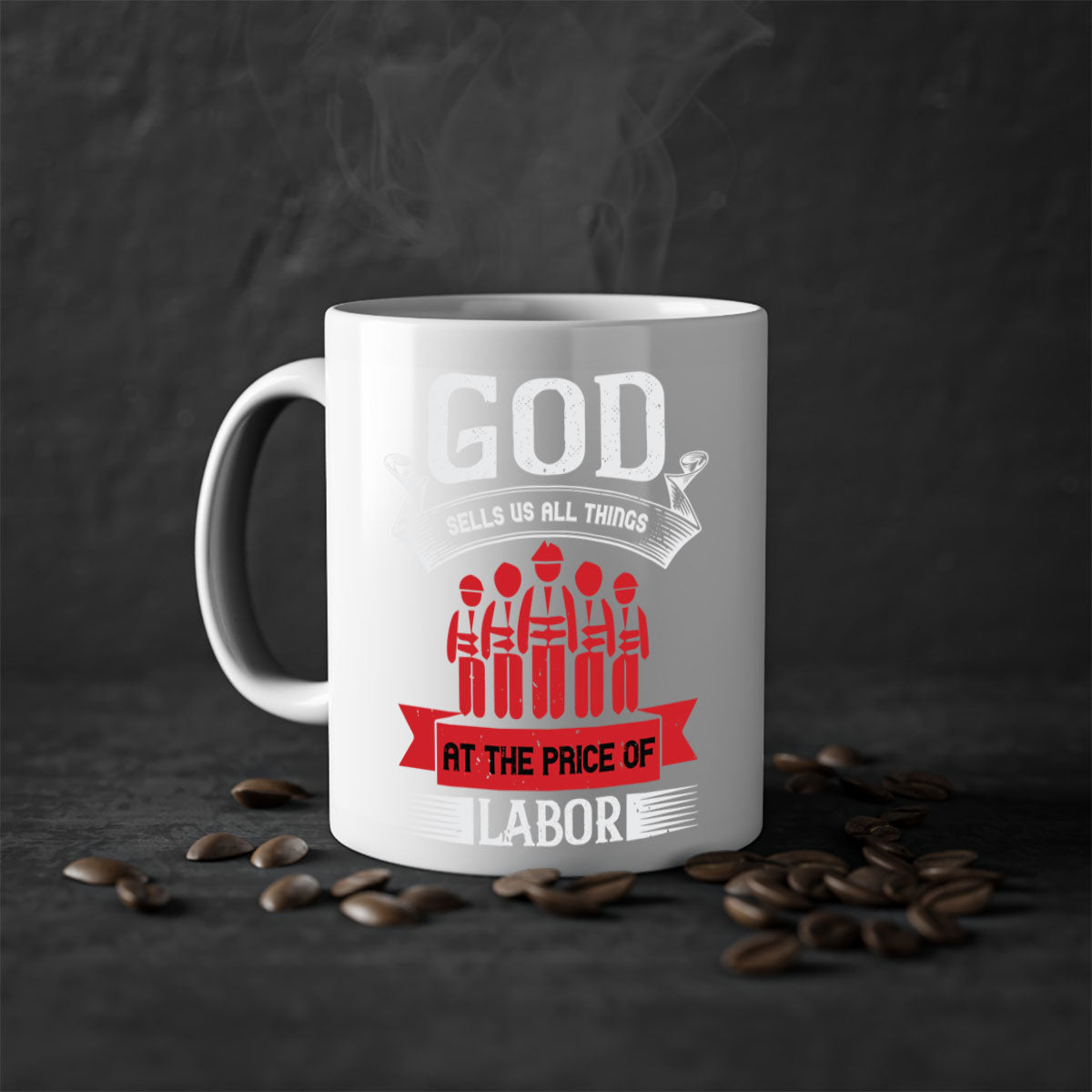 Two-tone God Sells Us All Things Mug with colored handle and glossy finish, available in multiple colors and sizes.