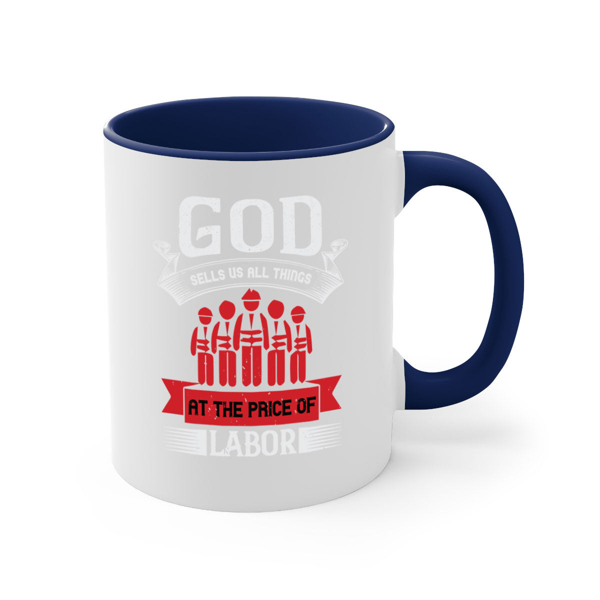 Two-tone God Sells Us All Things Mug with colored handle and glossy finish, available in multiple colors and sizes.