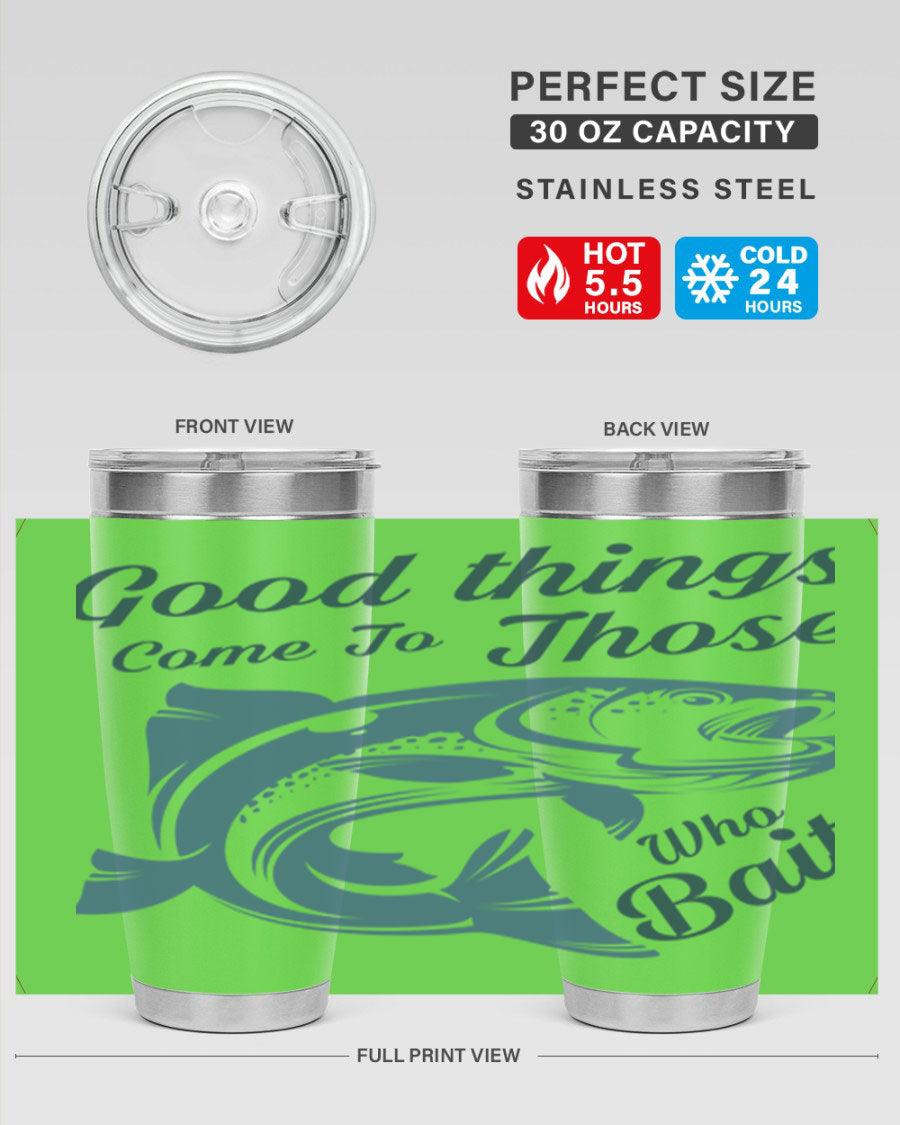 Good Things 127# Fishing Tumbler in stainless steel with a drink-thru lid, showcasing its double wall vacuum insulation.