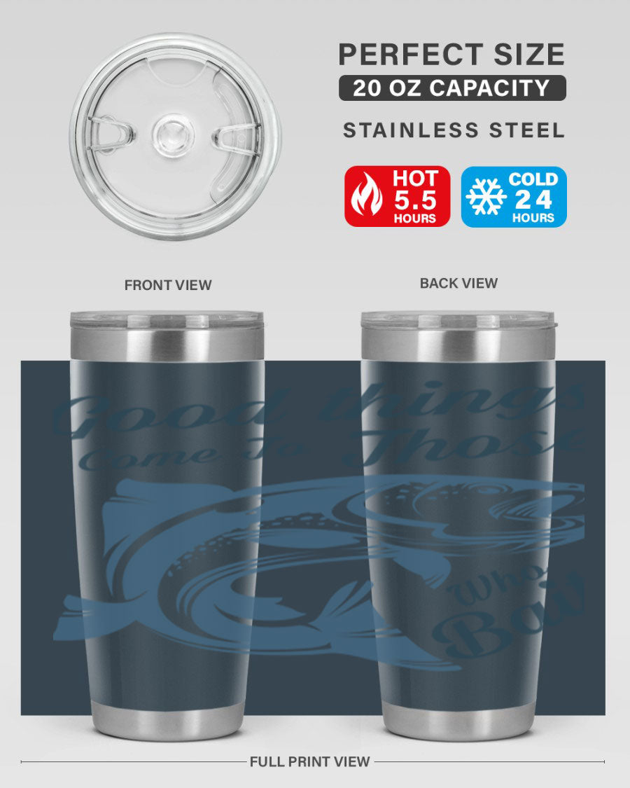 Good Things 127# Fishing Tumbler in stainless steel with a drink-thru lid, showcasing its double wall vacuum insulation.