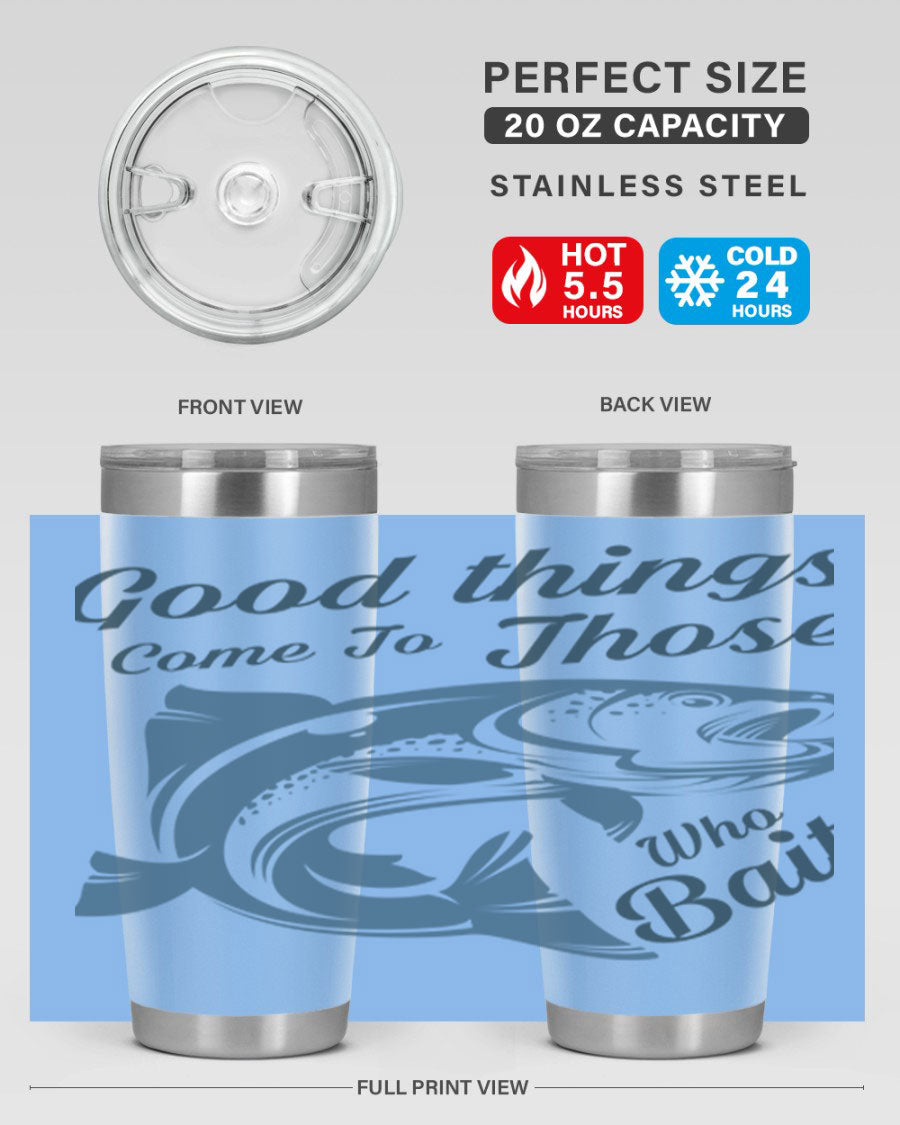 Good Things 127# Fishing Tumbler in stainless steel with a drink-thru lid, showcasing its double wall vacuum insulation.