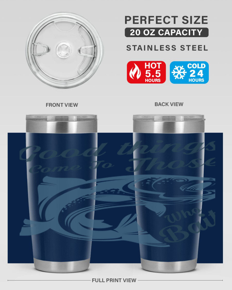 Good Things 127# Fishing Tumbler in stainless steel with a drink-thru lid, showcasing its double wall vacuum insulation.