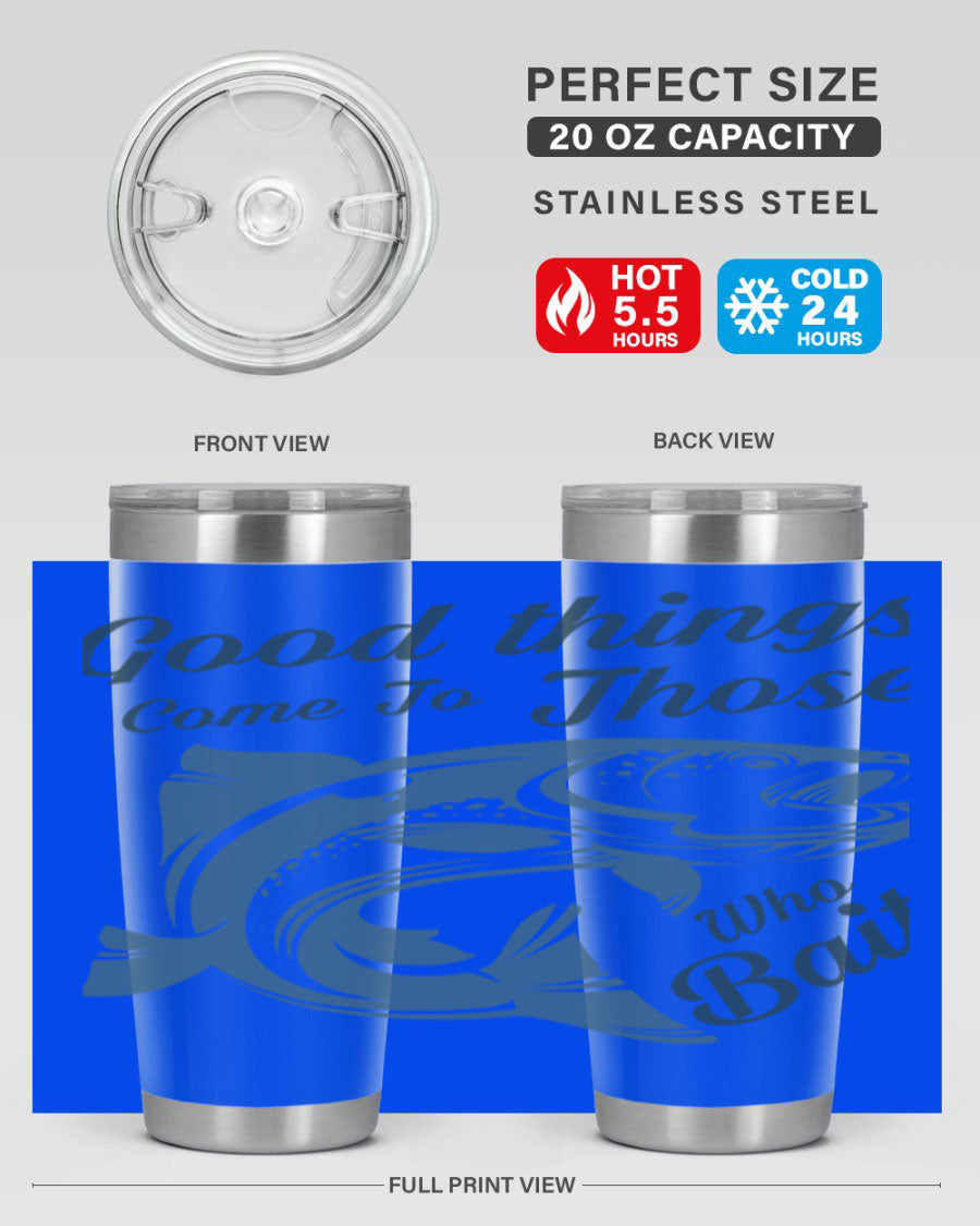 Good Things 127# Fishing Tumbler in stainless steel with a drink-thru lid, showcasing its double wall vacuum insulation.