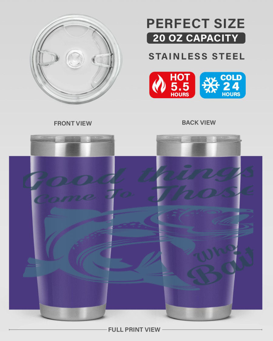 Good Things 127# Fishing Tumbler in stainless steel with a drink-thru lid, showcasing its double wall vacuum insulation.