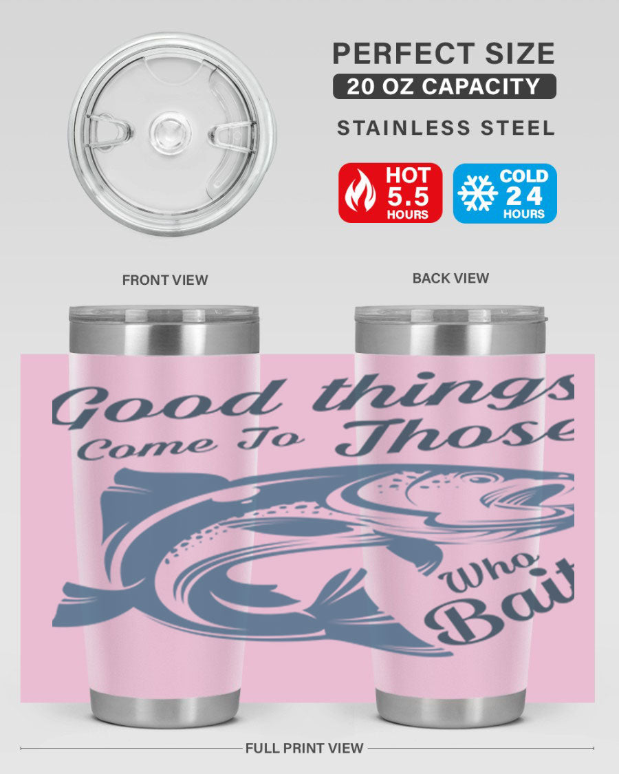 Good Things 127# Fishing Tumbler in stainless steel with a drink-thru lid, showcasing its double wall vacuum insulation.