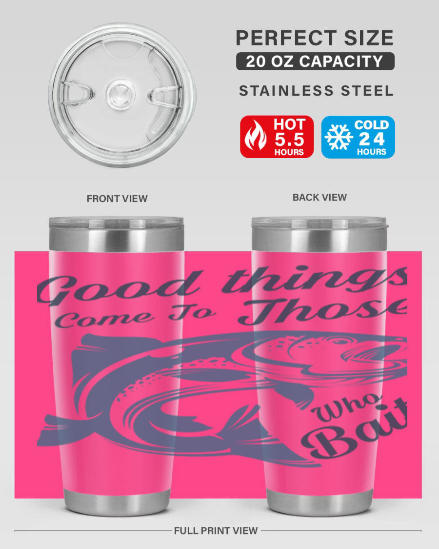 Good Things 127# Fishing Tumbler in stainless steel with a drink-thru lid, showcasing its double wall vacuum insulation.