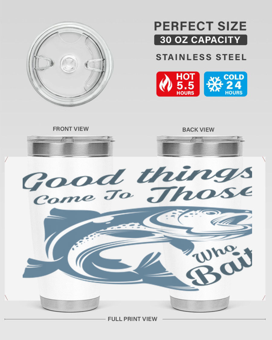 Good Things 127# Fishing Tumbler in stainless steel with a drink-thru lid, showcasing its double wall vacuum insulation.