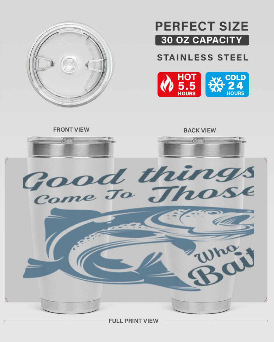 Good Things 127# Fishing Tumbler in stainless steel with a drink-thru lid, showcasing its double wall vacuum insulation.