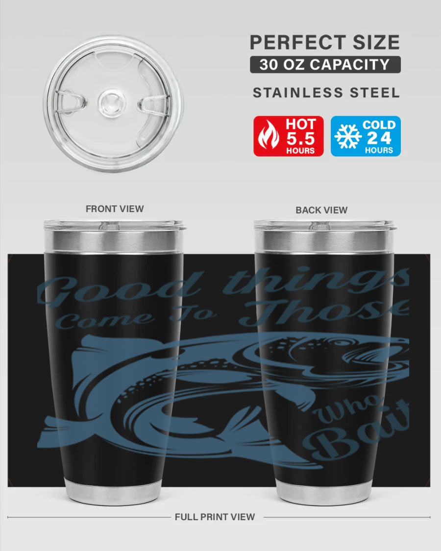 Good Things 127# Fishing Tumbler in stainless steel with a drink-thru lid, showcasing its double wall vacuum insulation.