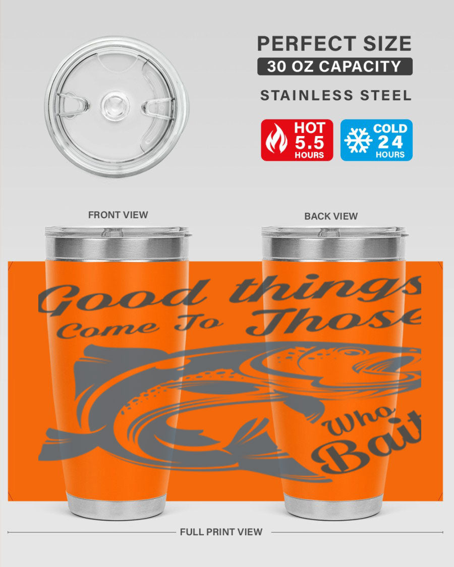 Good Things 127# Fishing Tumbler in stainless steel with a drink-thru lid, showcasing its double wall vacuum insulation.