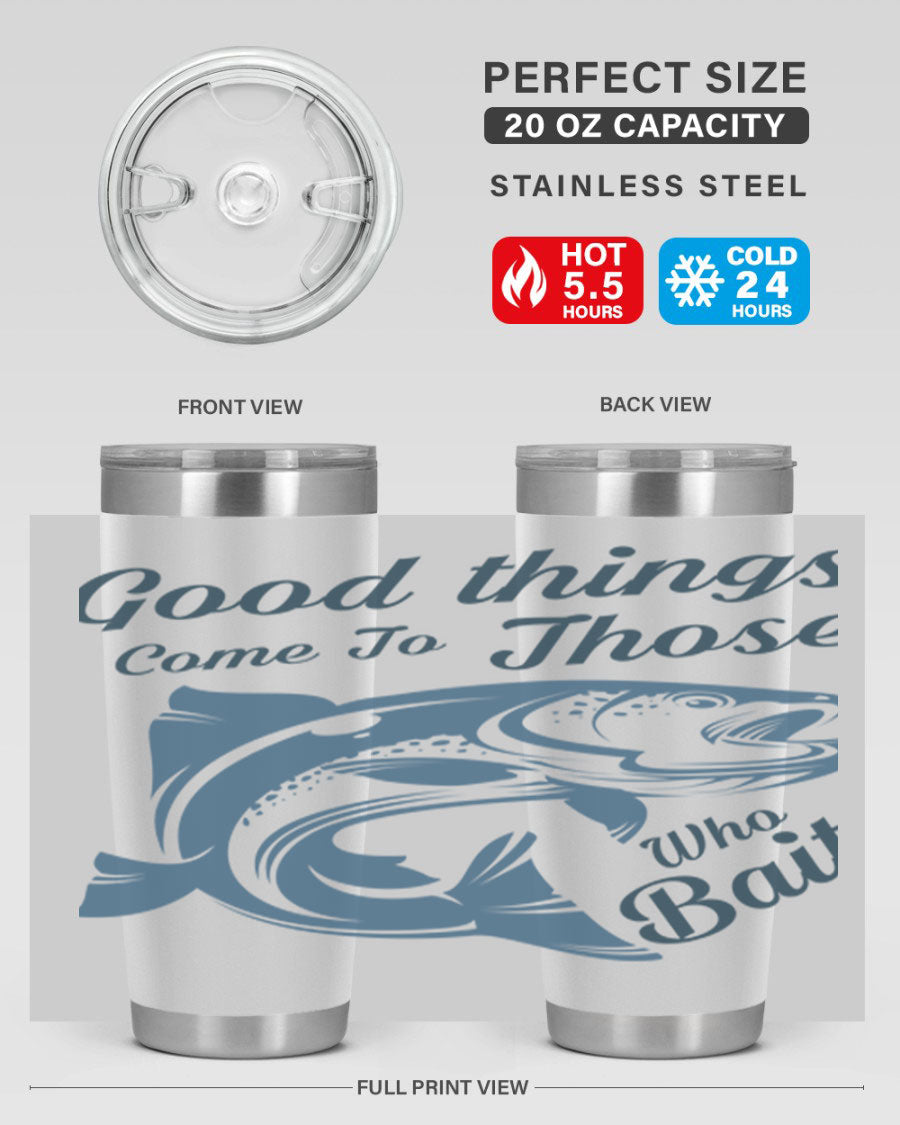 Good Things 127# Fishing Tumbler in stainless steel with a drink-thru lid, showcasing its double wall vacuum insulation.