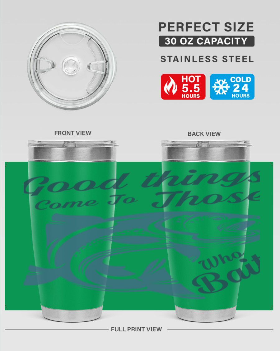 Good Things 127# Fishing Tumbler in stainless steel with a drink-thru lid, showcasing its double wall vacuum insulation.