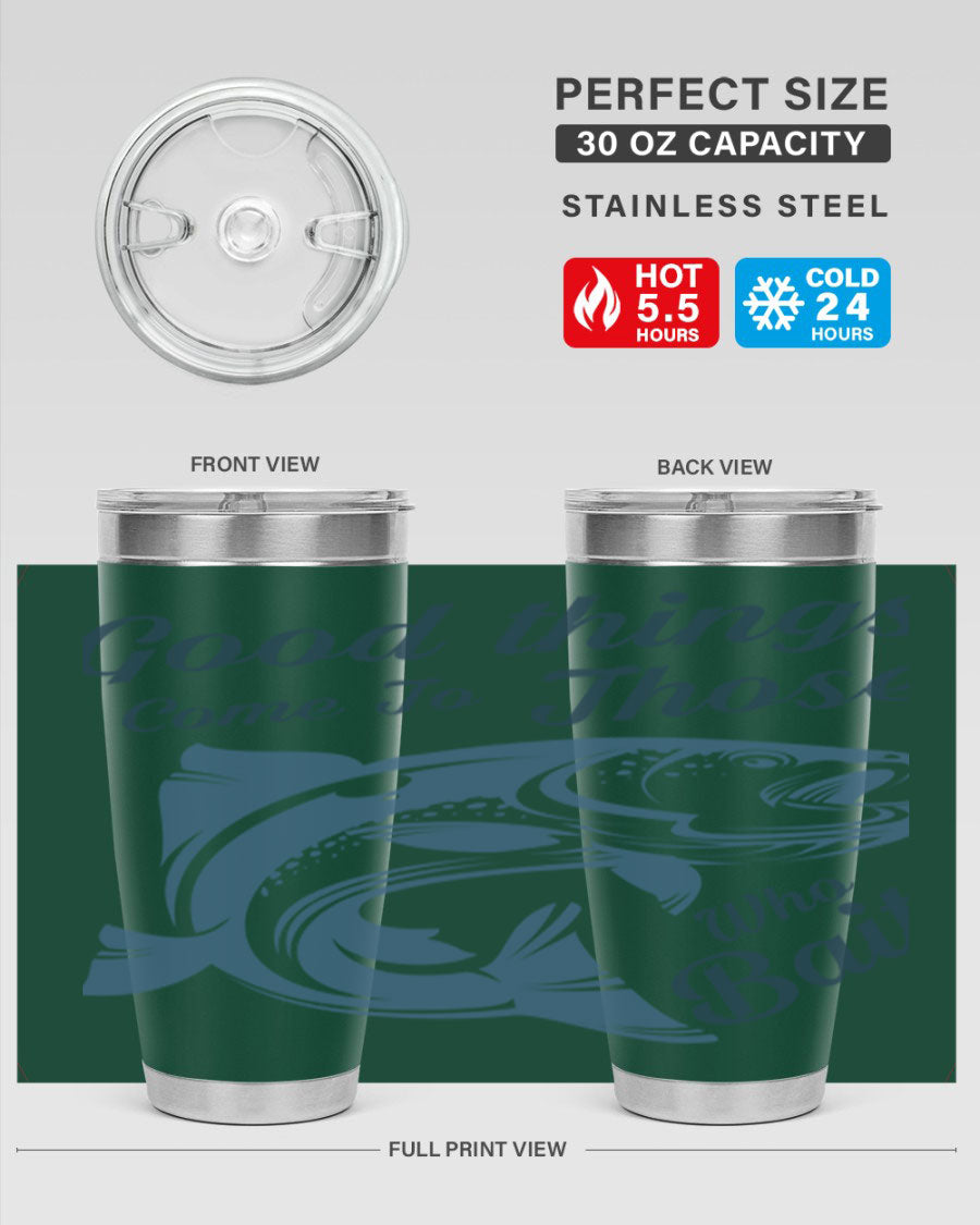 Good Things 127# Fishing Tumbler in stainless steel with a drink-thru lid, showcasing its double wall vacuum insulation.