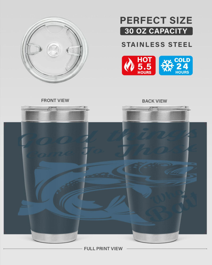 Good Things 127# Fishing Tumbler in stainless steel with a drink-thru lid, showcasing its double wall vacuum insulation.