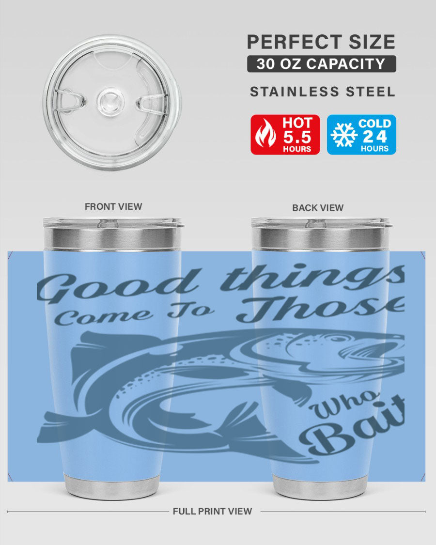 Good Things 127# Fishing Tumbler in stainless steel with a drink-thru lid, showcasing its double wall vacuum insulation.