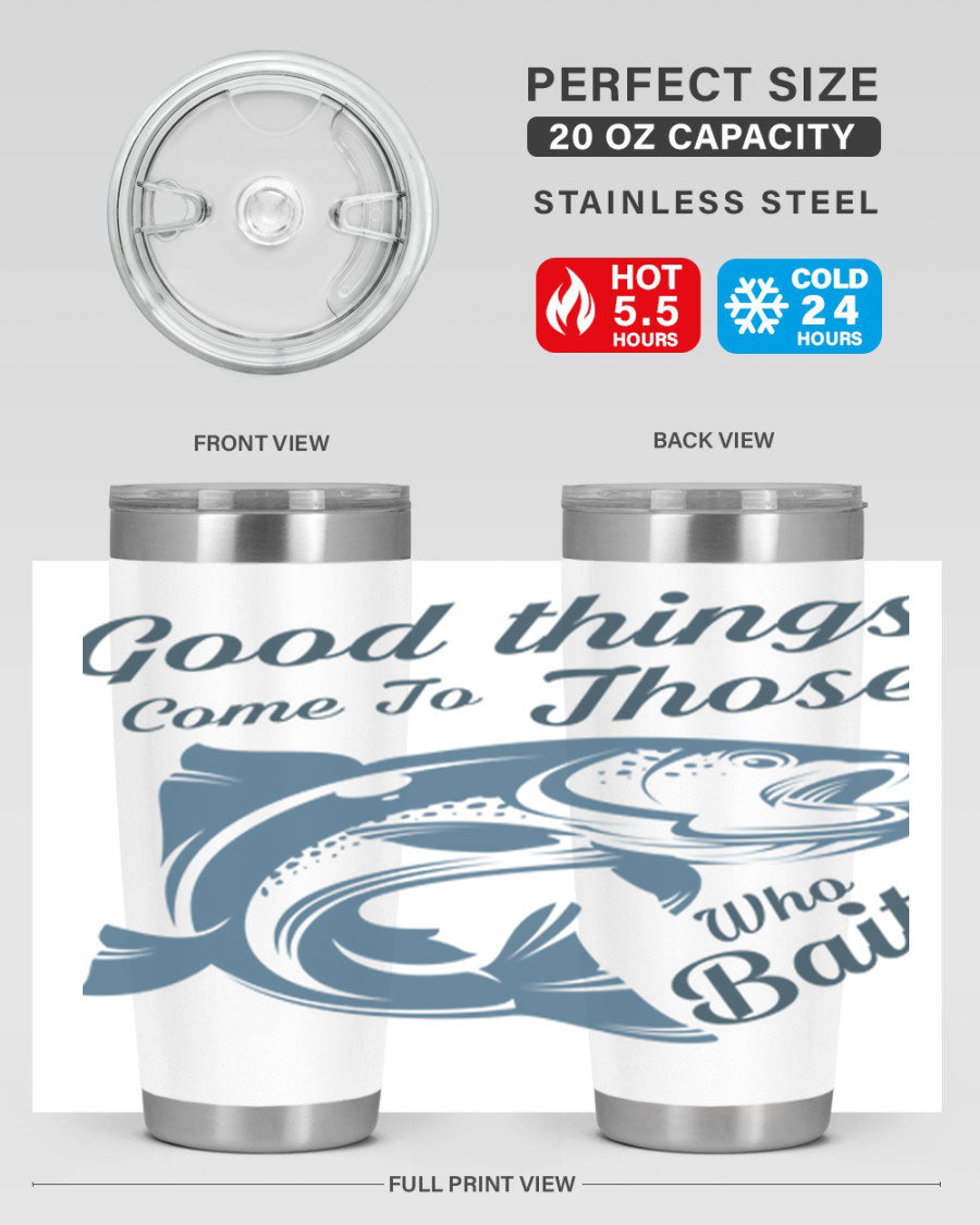 Good Things 127# Fishing Tumbler in stainless steel with a drink-thru lid, showcasing its double wall vacuum insulation.