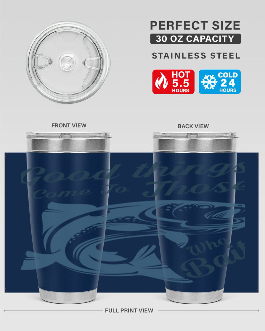 Good Things 127# Fishing Tumbler in stainless steel with a drink-thru lid, showcasing its double wall vacuum insulation.