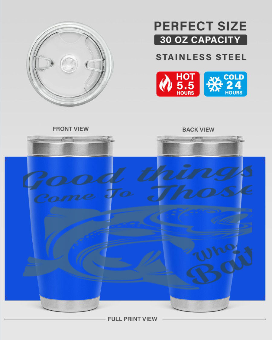 Good Things 127# Fishing Tumbler in stainless steel with a drink-thru lid, showcasing its double wall vacuum insulation.