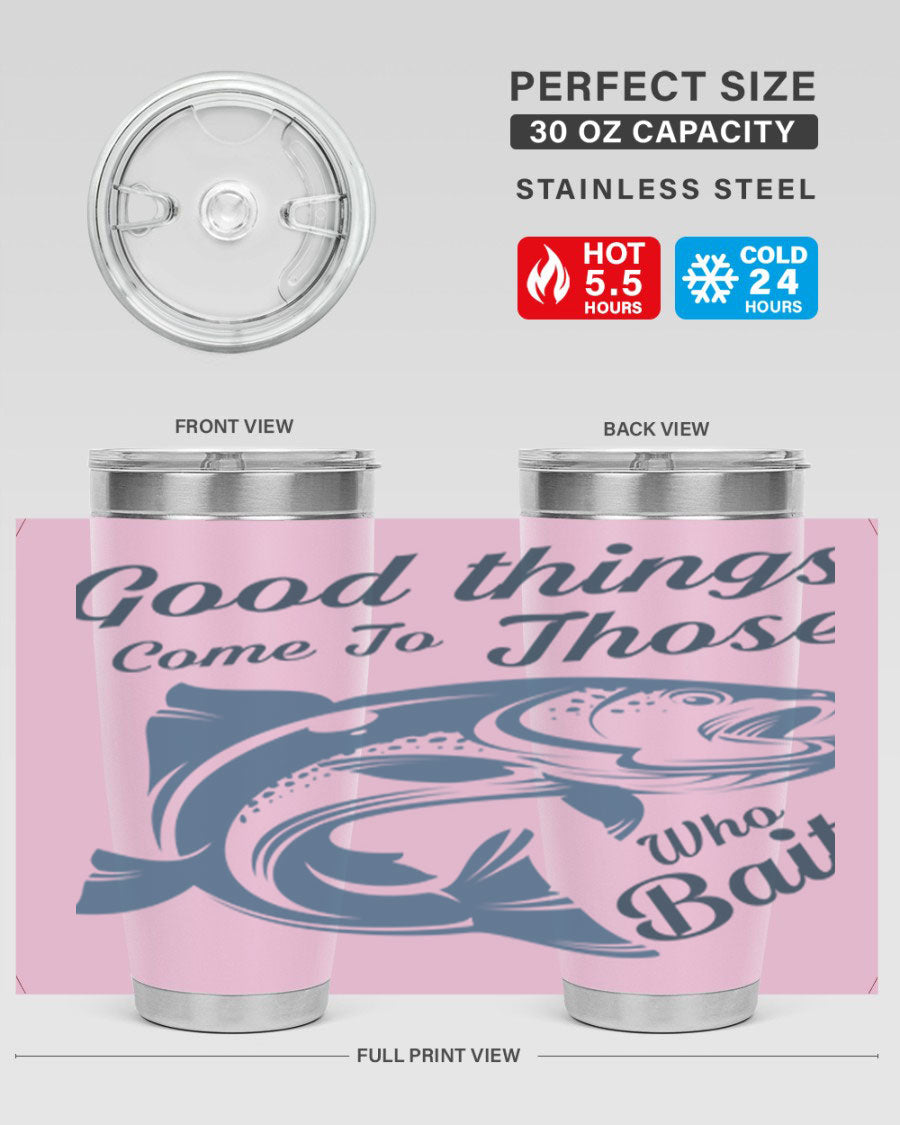 Good Things 127# Fishing Tumbler in stainless steel with a drink-thru lid, showcasing its double wall vacuum insulation.