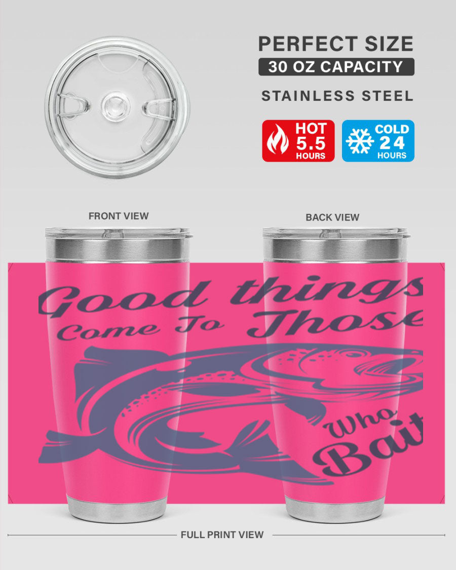 Good Things 127# Fishing Tumbler in stainless steel with a drink-thru lid, showcasing its double wall vacuum insulation.