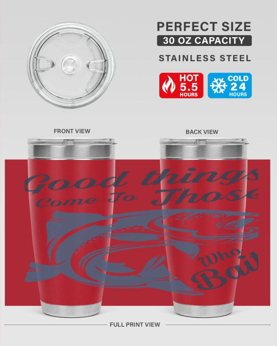 Good Things 127# Fishing Tumbler in stainless steel with a drink-thru lid, showcasing its double wall vacuum insulation.
