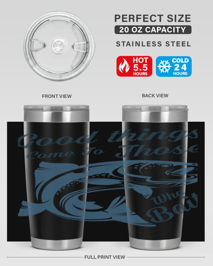 Good Things 127# Fishing Tumbler in stainless steel with a drink-thru lid, showcasing its double wall vacuum insulation.