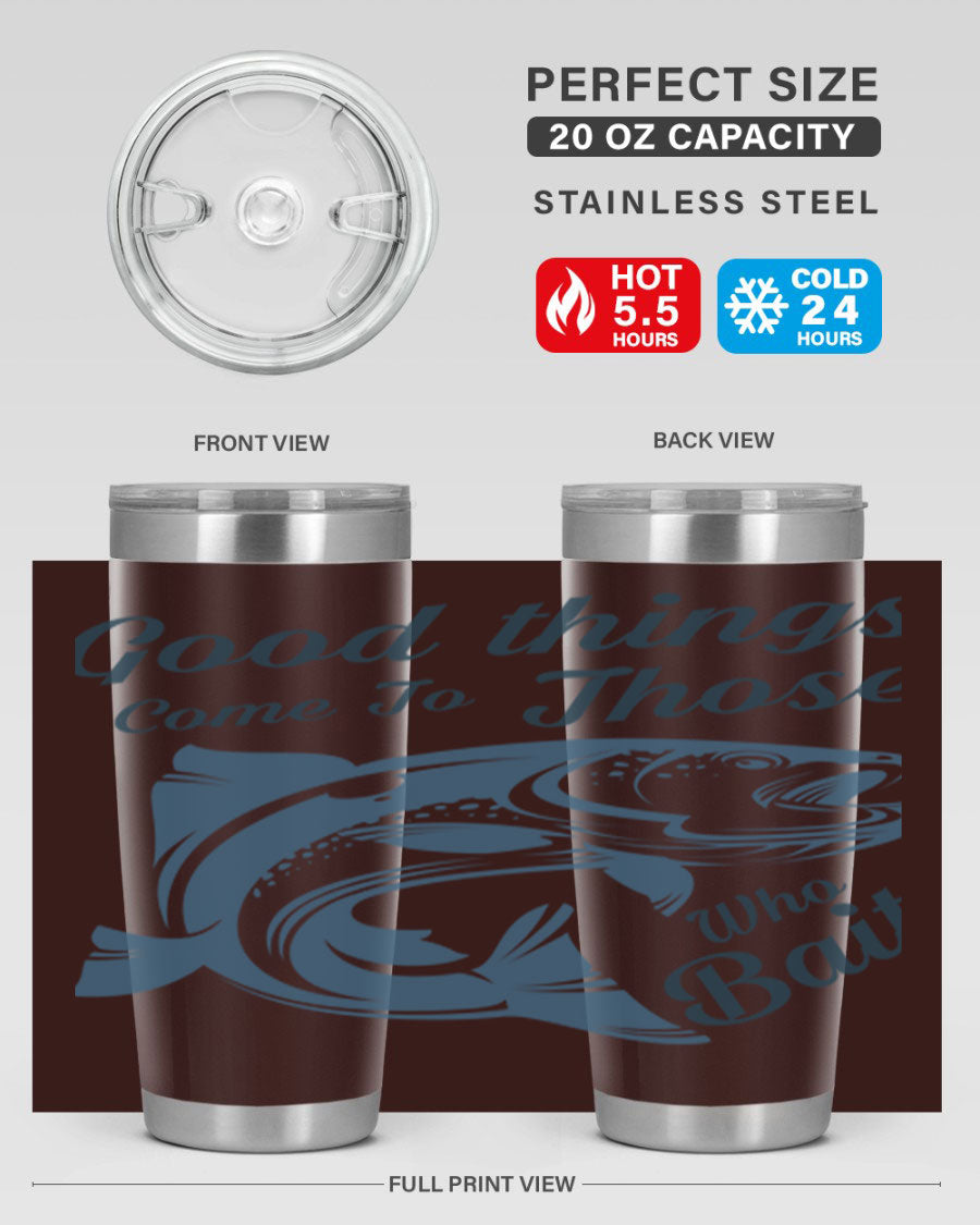 Good Things 127# Fishing Tumbler in stainless steel with a drink-thru lid, showcasing its double wall vacuum insulation.
