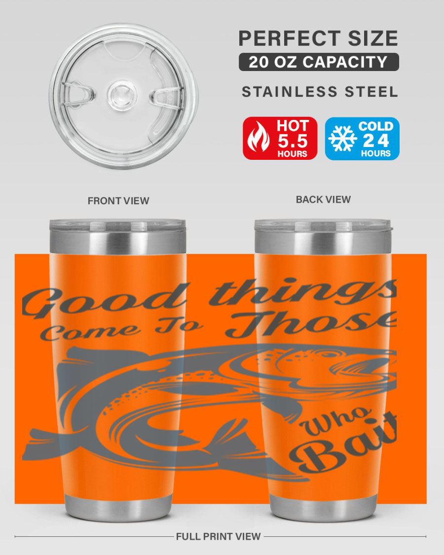 Good Things 127# Fishing Tumbler in stainless steel with a drink-thru lid, showcasing its double wall vacuum insulation.