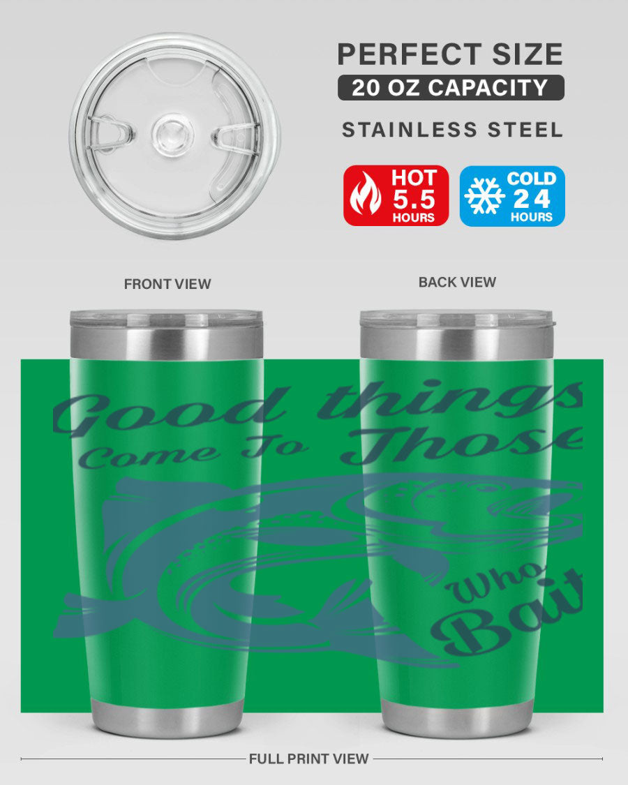 Good Things 127# Fishing Tumbler in stainless steel with a drink-thru lid, showcasing its double wall vacuum insulation.