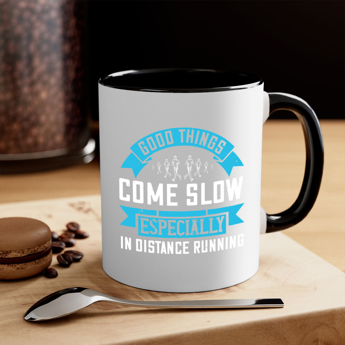 Two-tone ceramic mug with colored handle and glossy finish, featuring the phrase 'Good Things Come Slow Especially in Distance Running'.