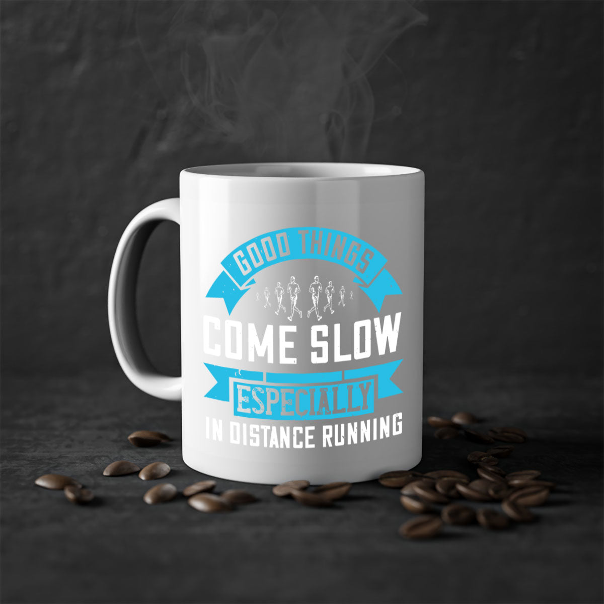Two-tone ceramic mug with colored handle and glossy finish, featuring the phrase 'Good Things Come Slow Especially in Distance Running'.